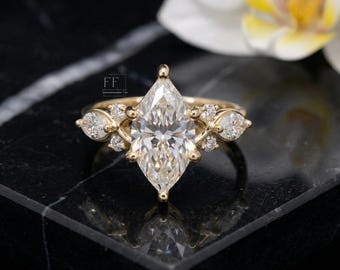 Marquise Moissanite Engagement Ring, 14k Gold Flower Leaf Cluster, Vintage Bridal