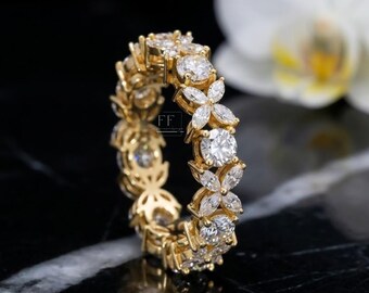 9K Gold Moissanite Floral Eternity Band, Unique Wedding Ring