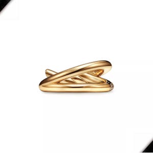 K&ouml;nnte beinhalten: Ein goldfarbener Ohrklemme mit einem einzigartigen, flie&szlig;enden Design. Die Manschette umschlie&szlig;t das Ohr und hat an einem Ende einen kleinen, funkelnden Akzent. Das Schmuckst&uuml;ck ist vor einem sauberen, wei&szlig;en Hintergrund platziert.
