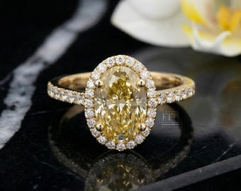 Oval Canary Yellow Moissanite Engagement Ring, 14k Gold Pavé Halo