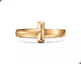 Architectural T-Bar Statement Ring Minimalist 14k Gold Geometric Cross Ring for Men and Women, Modern Unisex Band, Contemporary Jewelry Gift