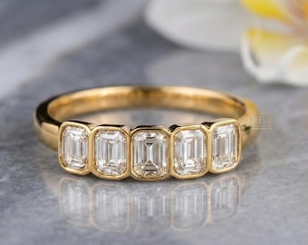 Bezel Set Emerald Cut Moissanite Ring, Vintage Style Gold Five Stone Band