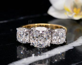 Moissanite Cushion Cut Three Stone Ring, 14k Gold Trilogy Wedding Band