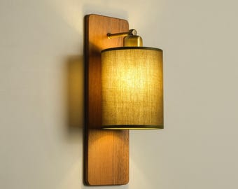Verzonken wandlamp met linnen lampenkap, vintage slaapkamerkandelaar, natuurlijk houten achterplaat moderne woondecoratie blaker, rustieke wandverlichting