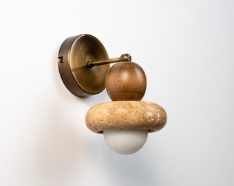 Handcrafted Travertine Wood Wall Sconce, Aged Brass Glass Globe Lighting, Japandi Home Decor