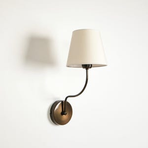 Aged Brass Sconce, Linen Shade, Minimalist Wall Light, Plug-In Bedside Lighting