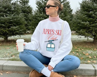 Moletom Après Ski com gola redonda | Estampa vintage de chalé de esqui, presente para amantes de esqui, suéter aconchegante de inverno, estilo athleisure
