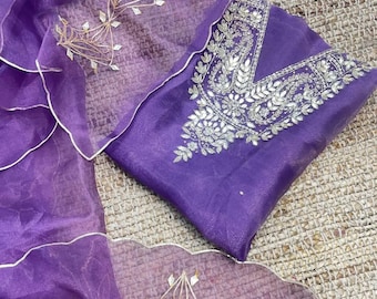 Costume Salwar de luxe en organza de soie | Ensemble kurti ethnique brodé à la main | Tenue de mariage et de fête