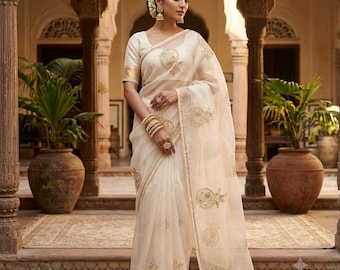 Sari en organza fleuri | Sari indien pour femme | Tenue d'invitée à un mariage d'été | Sari fleuri avec chemisier assorti | Sari de demoiselle d'honneur