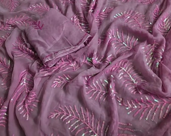 Designersari i chiffong för kvinnor – Elegant broderad festklädsel / Bröllopssari – Färdig att bära