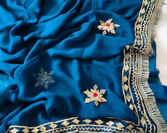 Sari fait main en mousseline de soie avec paillettes - Chemisier sari pour mariage indien à fleurs bleu canard, tenues indiennes