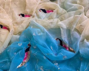 Saree en mousseline de soie ombrée bicolore - Sari fluide et doux avec broderie de sequins | Tenues élégantes de soirée et de réception