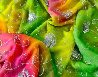 Saree en mousseline de soie fait main, travaux de paillettes florales, tenues de fête de mariage indiennes, créateur de Jaipur