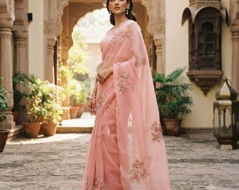 Embroidered Floral Chiffon Saree – Bollywood Style, Wedding Guest, Festive Wear, Bridal Party Saree