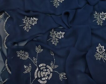 Saree bleu marine doux en mousseline de soie avec bordure brodée | Sari de mariage indien | Sari de demoiselle d'honneur pour femme