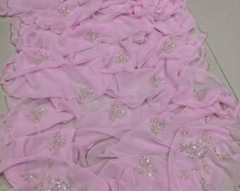 Sari rose pâle en mousseline de soie avec bordure brodée | Sari de mariage indien | Sari de demoiselle d'honneur pour femme