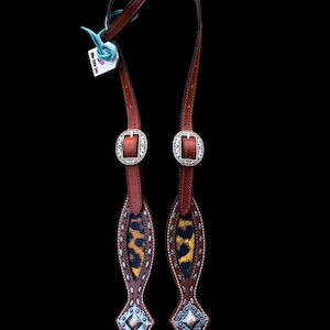 Brown Leather Horse Headstall, Cheetah /Leopard, Copper Engraved Buckles, Conchos, Western One Ear, Single Ear Bridle, Pewter Buckstitch