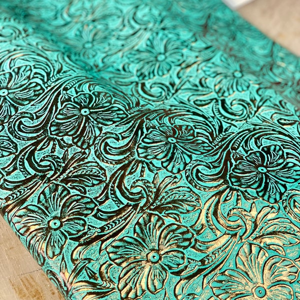 Leather, embossed, turquoise, copper floral, purse, horse tack, crafts