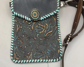 Tooled Whipstitch Envelope Bag With Turquoise Cactus - Etsy display picture 1