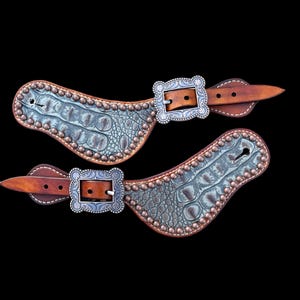 Leather Spur Straps, Gray, Brown, Gator, Croc, Edge Spots, Copper, Buckles