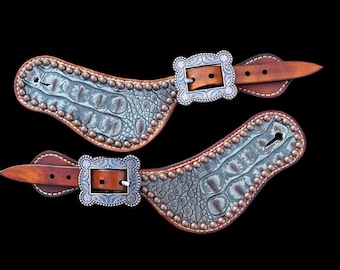 Leather Spur Straps, Gray, Brown, Gator, Croc, Edge Spots, Copper, Buckles