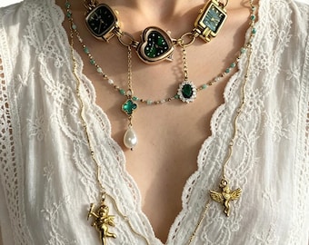 Handmade Punk Gold Emerald Green Vintage Watch Choker Necklace for Women,Unique Clock Statement Jewelry, Retro Steampunk Elegant Timepiece