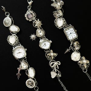 Handmade Punk Silver Watch Bracelet Y2k Clock Bracelet Floral Charms Pendent Bracelet Vintage Women Watch Sliver Chain,Personalized Gift