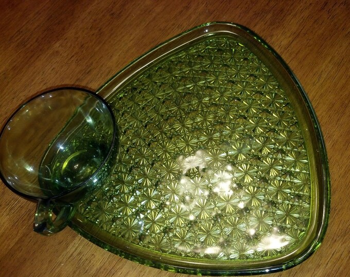 Vintage Green Glass Snack Sets, Vintage Glass, Patterned Glass Plate