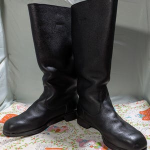 Puede incluir: Un par de botas negras de cuero hasta la rodilla. Las botas tienen un acabado liso y mate y una puntera redondeada. Las suelas son oscuras y los tacones son bajos. Las botas están sobre una superficie con estampado floral.
