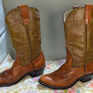 Może przedstawiać: Para brązowych skórzanych butów kowbojskich. Buty mają klasyczny design z ozdobnymi przeszyciami na cholewce i spiczastym noskiem. Buty są w ciepłym brązowym kolorze z ciemniejszym brązowym akcentem. Wysokość około 30 cm.
