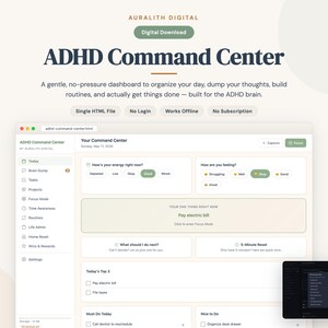 May include: Digital download graphic with the text "ADHD Command Centre." The image shows a website interface with sections for tasks, routines, and focus mode. The text also includes "Single HTML File," "No Login," and "Works Offline."