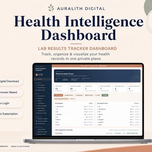 Puede incluir: Un panel de control digital de inteligencia de salud mostrado en una pantalla de computadora portátil. La interfaz presenta un rastreador de resultados de laboratorio con secciones para registros médicos, visualización de datos y menús de navegación. El texto incluye Auralith Digital, Health Intelligence Dashboard, Lab Results Tracker Dashboard y Private & Secure.