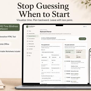 May include: A digital ADHD Time Blindness Dashboard displayed on a laptop and smartphone screen. The interface features a Backward Planner tool with input fields for appointments, travel time, and buffers, alongside a generated timeline of tasks.
