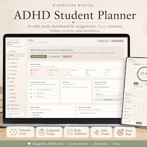 ADHD Student Planner, Digital Study Dashboard & Pomodoro Timer, Assignment Tracker, Habit Tracker, College Planner, Offline HTML App