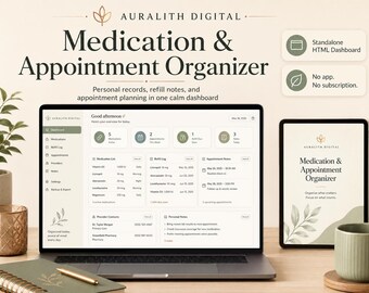 Medication Tracker and Appointment Organizer Dashboard | Health Records, Refill and Pharmacy Log | Care Binder | HTML Digital Download
