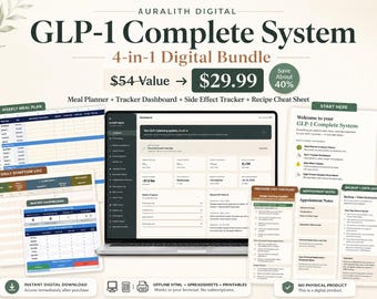 GLP-1 Tracker & Meal Planner Bundle | Side Effect Spreadsheet + Recipe Guide | Digital Download | Semaglutide Ozempic