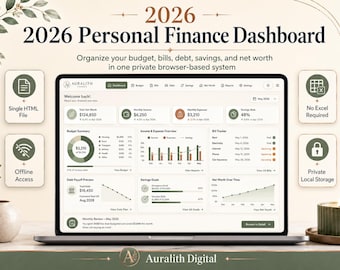 2026 Personal Finance Dashboard | Offline Budget Planner, Expense and Bill Tracker, Debt Payoff & Savings | HTML Digital Download