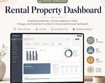 Rental Property Finance Dashboard | Landlord Cash Flow, Cap Rate & NOI Calculator | Real Estate Investment Tracker | Digital