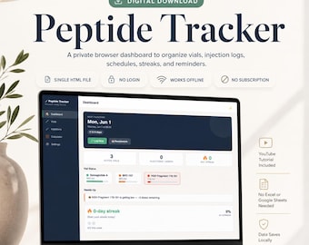 Peptide and GLP-1 Tracker Dashboard | Semaglutide Tirzepatide Injection Log & Dose Calculator | Offline, No Login | Digital Download