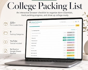 College Packing List Tracker | 225-Item Interactive Dorm Checklist | Freshman Move-In Essentials Planner | Digital Download