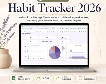 Habit Tracker Spreadsheet 2026 | Daily Planner, Streak Counter & Goal Tracker | Routine and Productivity Planner | Google Sheets