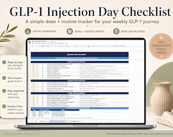 GLP-1 Injection Day Checklist & Dose Log | Weekly Medication Tracker Spreadsheet | Google Sheets + Excel | | Ozempic Wegovy