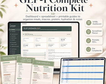 GLP-1 Meal Planner & Macro Tracker | Semaglutide Protein and Hydration Tracker | Dashboard + Spreadsheet + Printable PDF Nutrition Kit