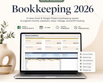 Small Business Bookkeeping Spreadsheet | Income, Expense & Tax Tracker, Profit Loss, 1099 and Mileage Log | Excel Google Sheets