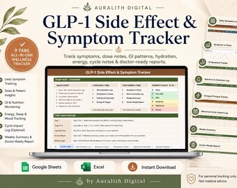 GLP-1 Side Effect Tracker | Semaglutide Symptom Log | Ozempic Mounjaro | Google Sheets Excel Template | Wegovy Zepbound GI Symptom Log