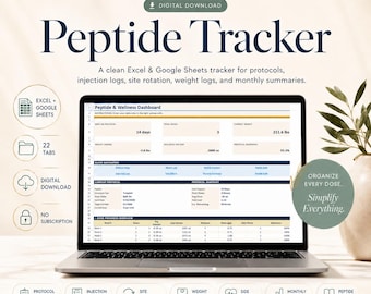 Peptide Tracker Spreadsheet 2026 | GLP-1 Semaglutide Tirzepatide Injection Log | Weight Loss, Macros, Lab Results | Google Sheets Excel