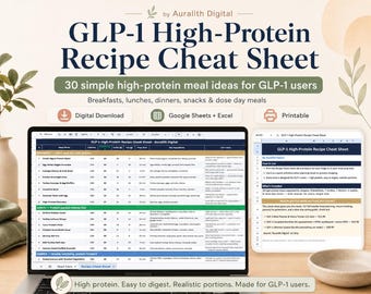 GLP-1 High-Protein Recipe Cheat Sheet | 30 Meal Ideas with Macros | Semaglutide Ozempic Mounjaro Meal Plan | Excel Google Sheets Printable