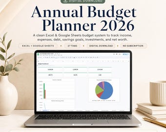 Annual Budget Planner 2026 | Monthly Expense Tracker, Debt Payoff & Savings, Paycheck Budget | Excel Google Sheets Finance