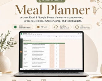 Meal Planner Spreadsheet 2026 | Auto Grocery List Generator, Recipe Organizer, Weekly Menu Planner | Google Sheets Excel