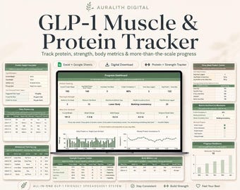 GLP-1 Protein and Muscle Tracker Spreadsheet | Strength Log + Body Metrics + Dose Patterns | Google Sheets & Excel | Semaglutide Tirzepatide
